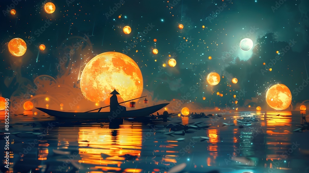 Silhouette of a Man Rowing a Boat in a Mystical Water Scene Under a Luminous Moon at Night Silhouette of a Man Rowing a Boat in a Mystical Water Scene Under a Luminous Moon at Night