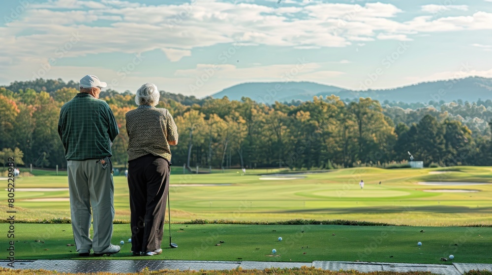 A couple of older people are standing on a golf course, watching a game