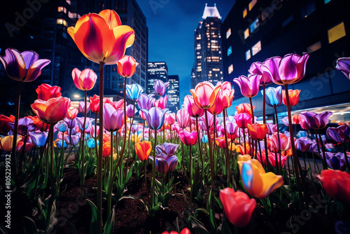 In the heart of the city, a field of neon tulips sprung up overnight, their vibrant hues a stark contrast against the urban landscape.vibrant photo