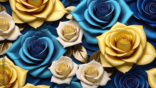 blue and yellow roses background. Top view.