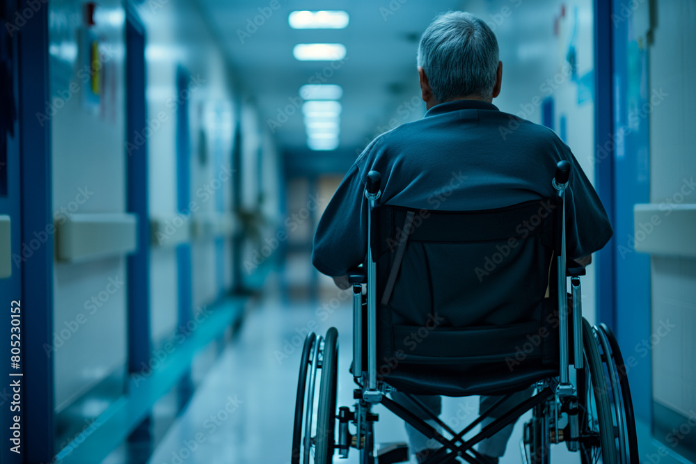 old man in wheelchair on hospital corridor background old man in wheelchair on hospital corridor background