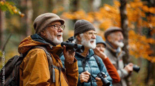 A group of older men are standing in a forest, each holding a camera