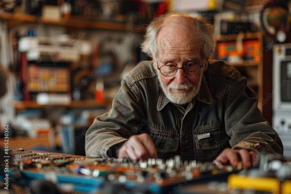 An older man is sitting at a table with a bunch of tools and electronics