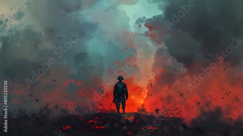 Lone Soldier in Post-War Scene with Fiery Background and Ruined Landscape