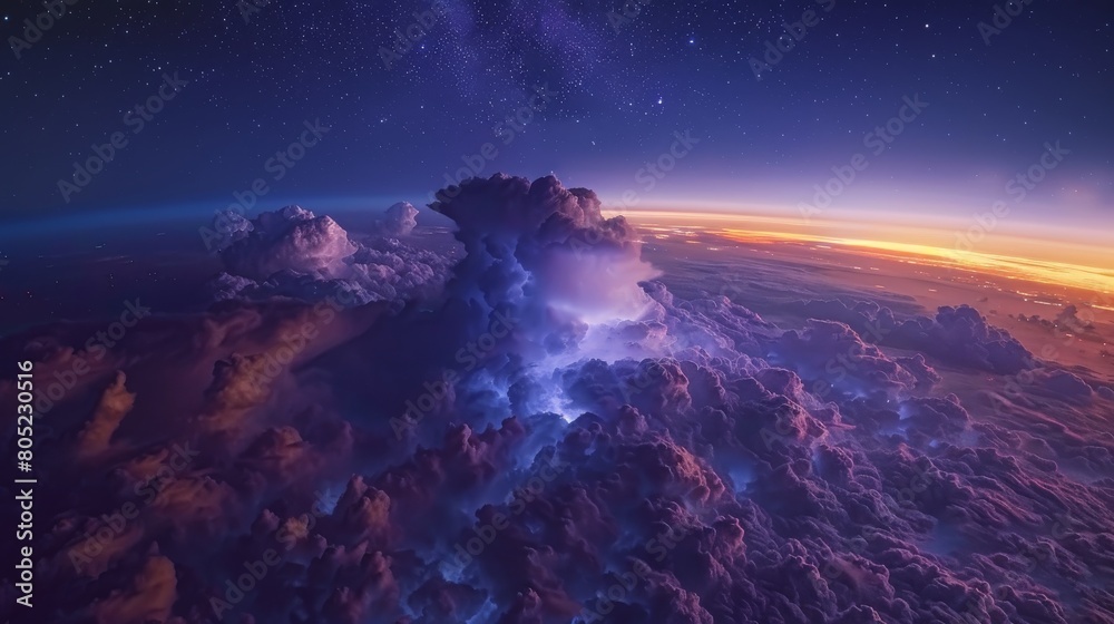 An awe-inspiring view of towering clouds set against a glorious sunset, with rays of light piercing through, invoking a sense of grandeur An awe-inspiring view of towering clouds set against a glorious sunset, with rays of light piercing through, invoking a sense of grandeur