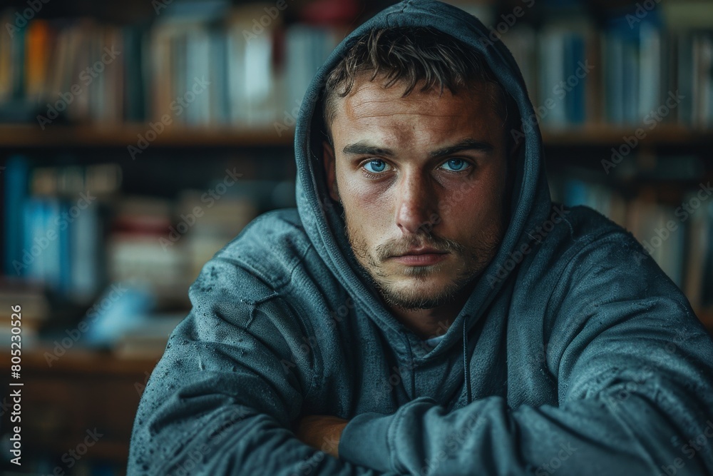 A focused young man with intense blue eyes sits with crossed arms, wearing a gray hoodie against a bookshelf backdrop A focused young man with intense blue eyes sits with crossed arms, wearing a gray hoodie against a bookshelf backdrop