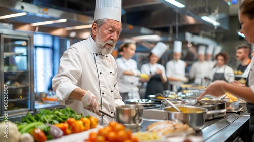 A chef is preparing food in a kitchen with other chefs around him