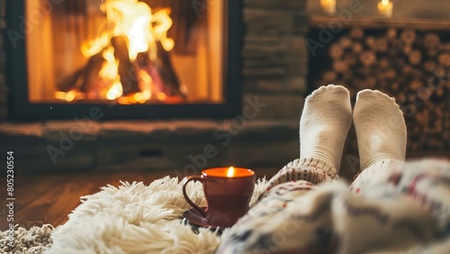 Relaxing at home in cozy pajamas by a warm fireplace. Concept Home Decor, Cozy Settings, Comfortable Clothing, Relaxation Techniques photo