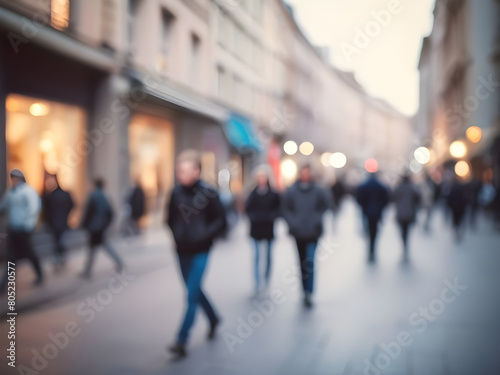 Beautiful motion blur of people walking in the morning rush hour  busy modern life concept. Blurred background. Blurred people walking through a city street. Toned photo.