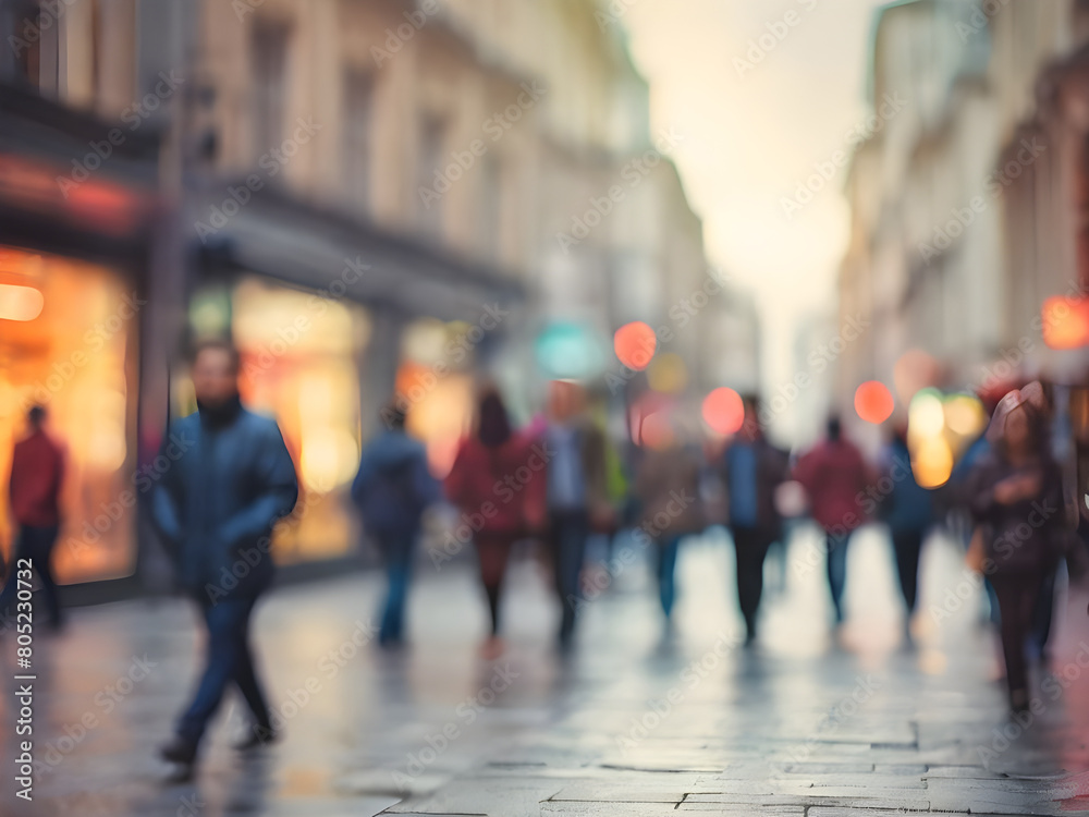 Fototapeta premium Beautiful motion blur of people walking in the morning rush hour, busy modern life concept. Blurred background. Blurred people walking through a city street. Toned photo.