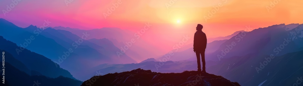 Silhouette of a person standing at the edge of a mountain