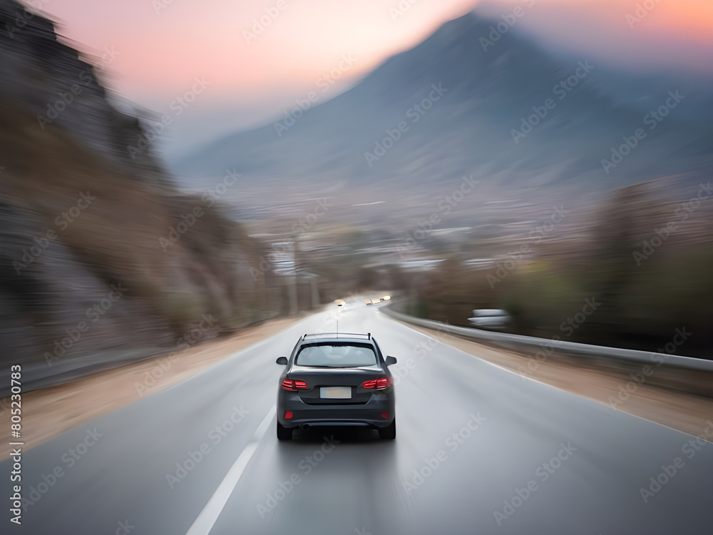 Blurred car on road in front of mountain Blurred car on road in front of mountain