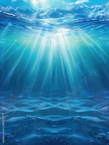 ocean blue underwater waves with sun beam clear view realistic, world oceans day poster and copy space - generative ai © Nia™