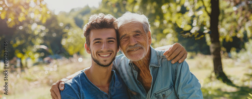 A young man has his arm around an elderly father, both smiling and looking at the camera. They are in nature, near trees or in a grassy area.