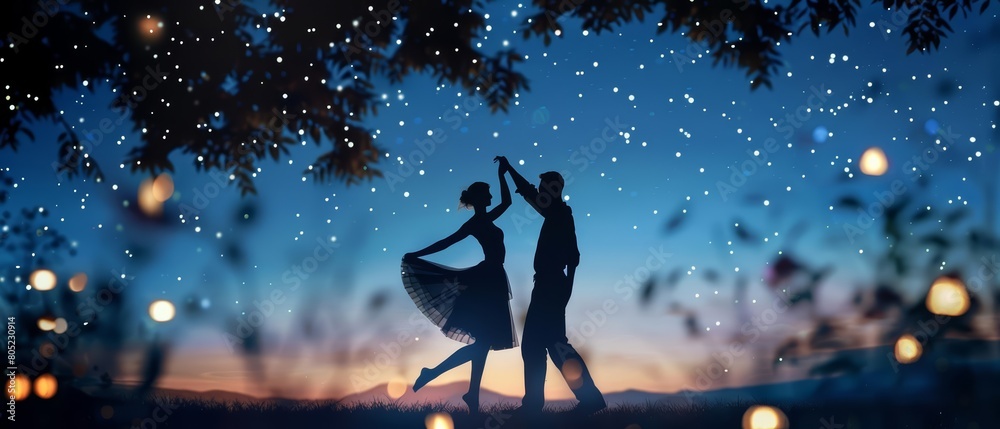 Silhouette of two people dancing gracefully under a canopy of twinkling stars Silhouette of two people dancing gracefully under a canopy of twinkling stars