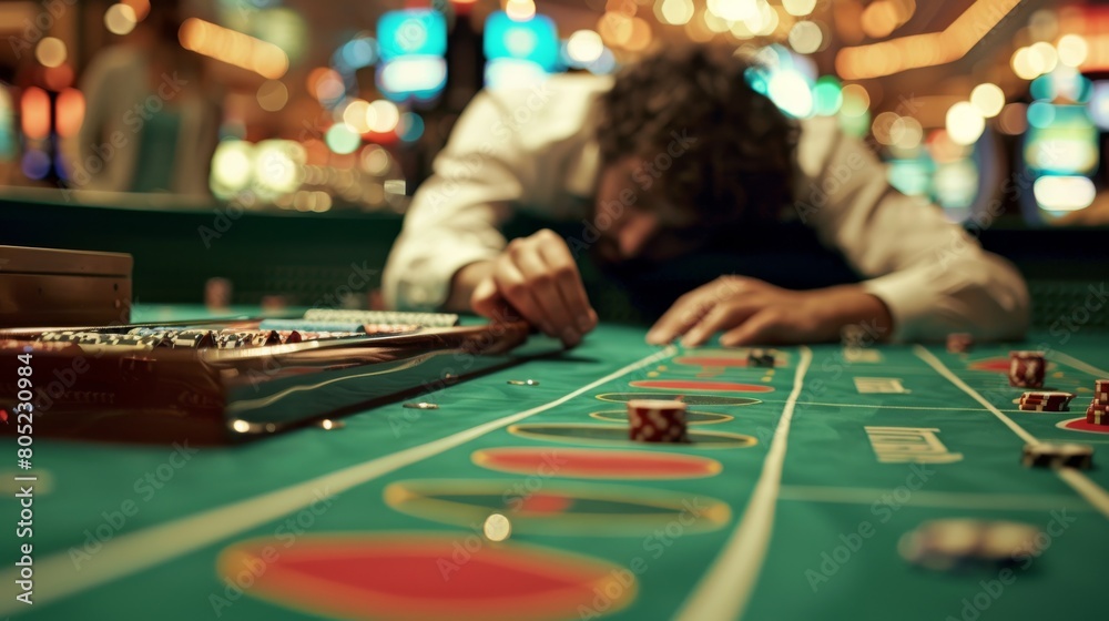 In a moment of hope or desperation, a man reaches for dice by the casino chips In a moment of hope or desperation, a man reaches for dice by the casino chips
