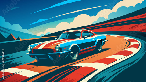 A vibrant and eye-catching vintage-inspired design featuring a racing car drifting around an American flag. The car is adorned with patriotic colors and leaves a trail of smoke as it navigates 