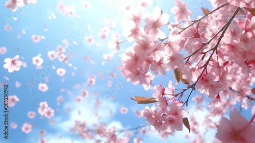 A cluster of cherry blossoms in full bloom  creating a picturesque scene of pink petals against a clear blue sky.