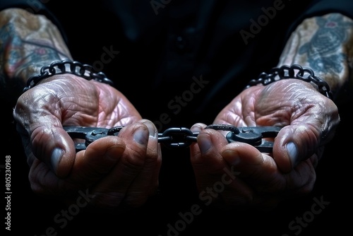 A powerful photo of inked hands in handcuffs, symbolizing conflict between personal expression and constraints photo
