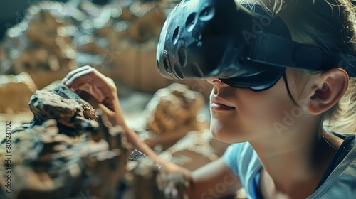 Students engage in a virtual reality geological excavation, uncovering fossilized secrets, Sharpen close up hitech concept with blur background photo