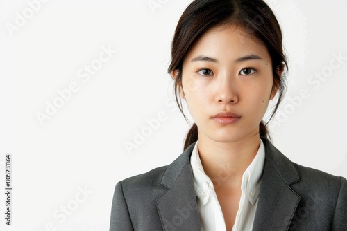 Young Asian businesswoman posing in a professional grey suit