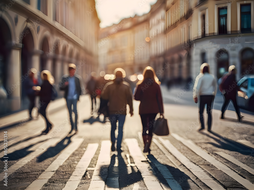 Beautiful motion blur of people walking in the morning rush hour, busy modern life concept. Blurred background. Blurred people walking through a city street. Toned photo.