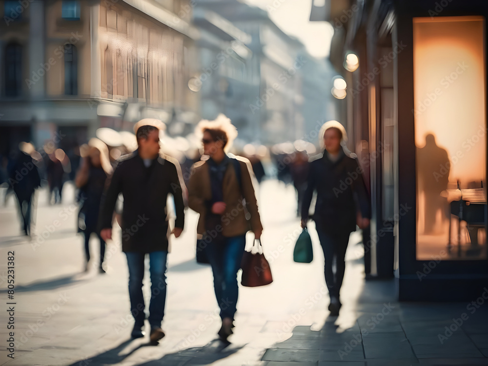 Beautiful motion blur of people walking in the morning rush hour, busy modern life concept. Blurred background. Blurred people walking through a city street. Toned photo.