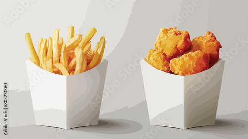 Tasty nuggets and french fries in paper box on light