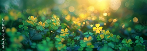 A fresh morning over a field of bright green clovers illuminated by the golden sunlight.