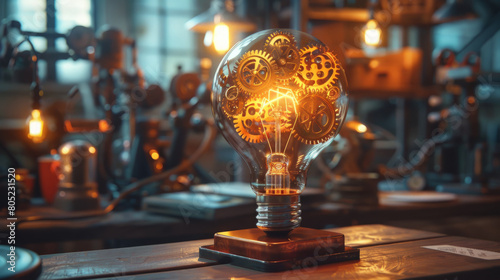 The symbolic lightbulb made of gears and wires represents startup innovation in a creative workspace. photo