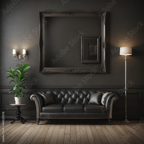 Frame mockup in old dark living room interior background, 3d render © Fukurou