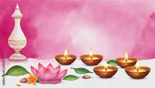 Watercolor background with diya lamps pink lotus flowers and copy space