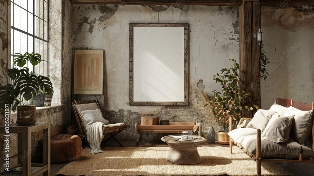 The rustic decor is beautifully complemented by a 3D Mockup frame, adding warmth to the room, 3D render sharpen The rustic decor is beautifully complemented by a 3D Mockup frame, adding warmth to the room, 3D render sharpen