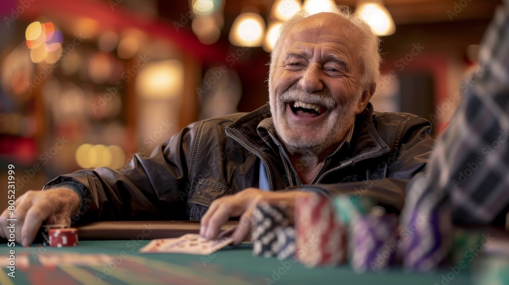 An older man with a big smile and a joyful expression, winning at a casino table with cards and chips An older man with a big smile and a joyful expression, winning at a casino table with cards and chips