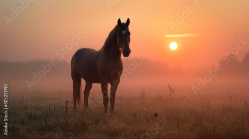 The beauty and solitude of wild horses in a misty field at sunrise. © ChubbyCat