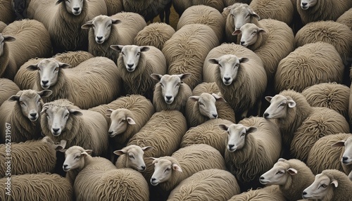 Lone wolf skillfully camouflaged amidst a flock of sheep, its piercing eyes gleaming with a mix of cunning and hunger,