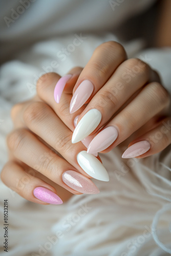 A woman s hands are adorned with a variety of nail polish colors  including pink