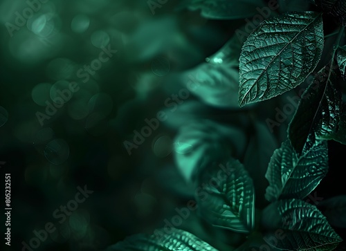 Dark green abstract background with blurred plant leaf texture 