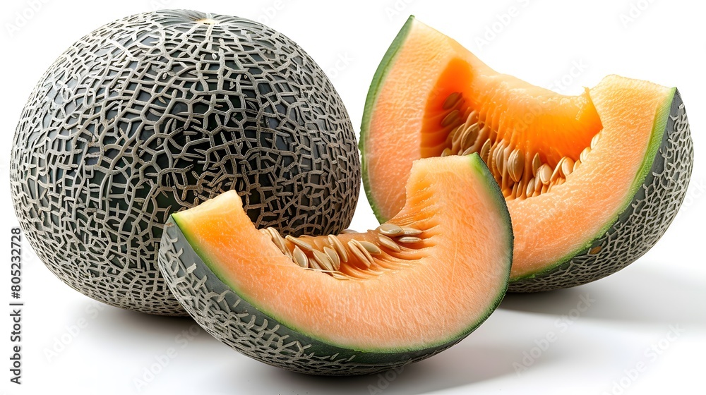 Whole and sliced Japanese melons, also known as orange melons or cantaloupe melons, with seeds, isolated on a white background. Whole and sliced Japanese melons, also known as orange melons or cantaloupe melons, with seeds, isolated on a white background.