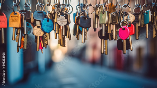 A vibrant display of numerous keys hanging, featuring an array of colors and shapes, with a blurred urban background.
