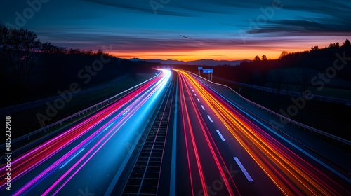 A long exposure shot capturing traffic flowing along a multi-lane highway at night.