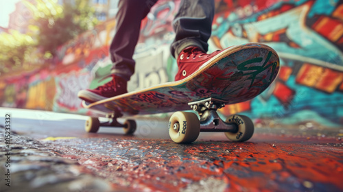The art of skateboarding captured against a vibrant graffiti wall from a dynamic low angle view. photo