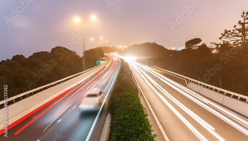 A long exposure shot capturing traffic flowing along a multi-lane highway at night. © HM Design