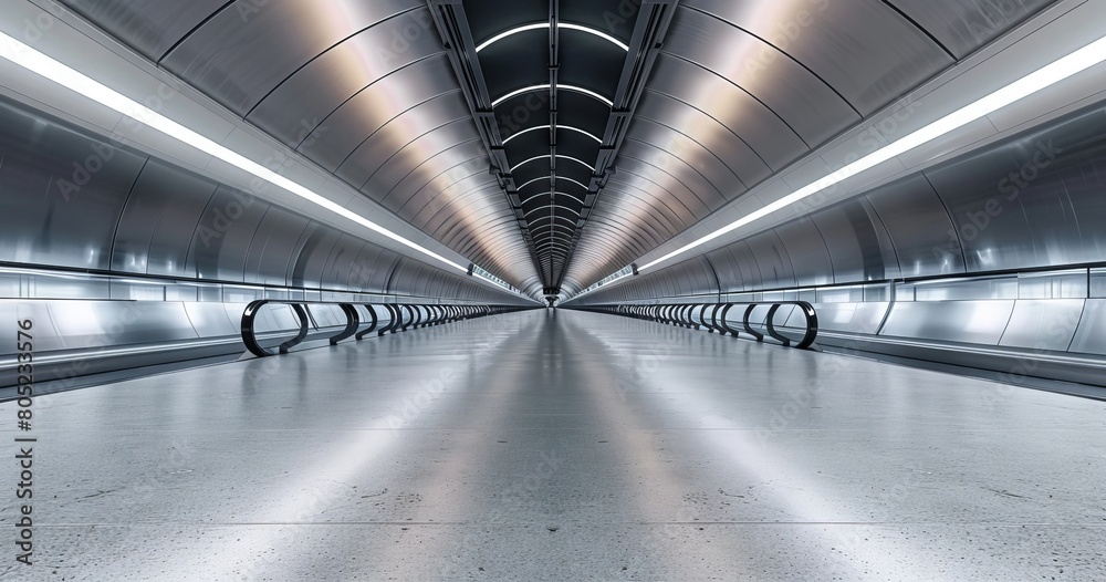 An Empty Modern Subway Tunnel Bathed in Light