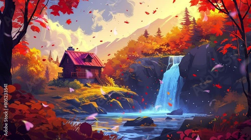 Idyllic autumn retreat: A charming house nestled beside a picturesque waterfall.
Seamless looping 4k time-lapse virtual video animation background. Generated AI photo