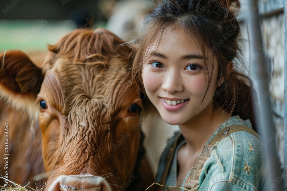 An Asian woman wearing green smiles while interacting with a cow ...