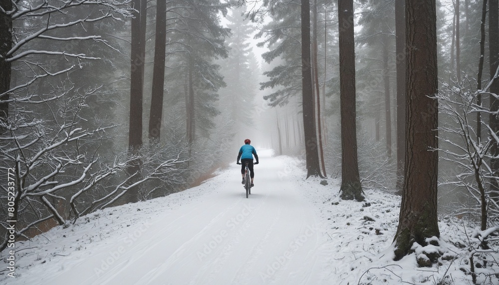 Cyclist on snowy forest trail with winter backdrop