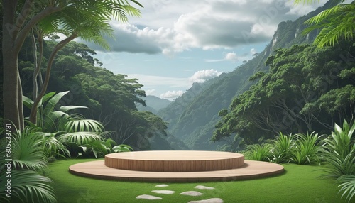 Wood podium in tropical forest for product presentation Behind is a view of the sky