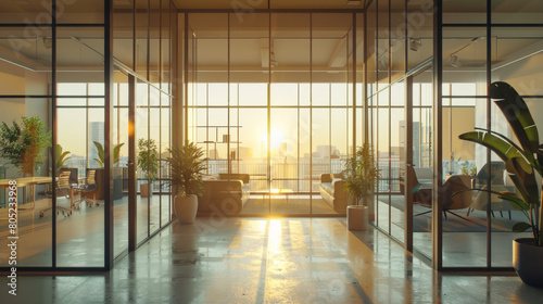 A modern office space with glass partitions, minimalist furniture, and plenty of natural light.