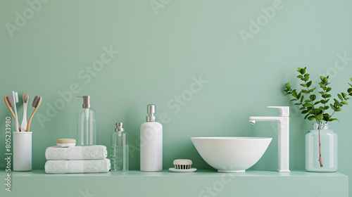 Bath accessories on shelf near color wall